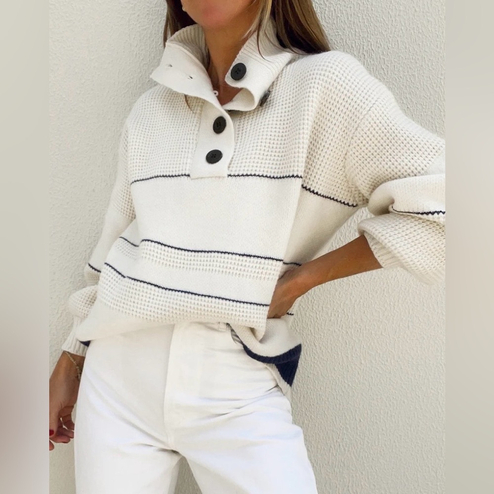 Funnel Neck Knit Pullover - Ivory and Navy